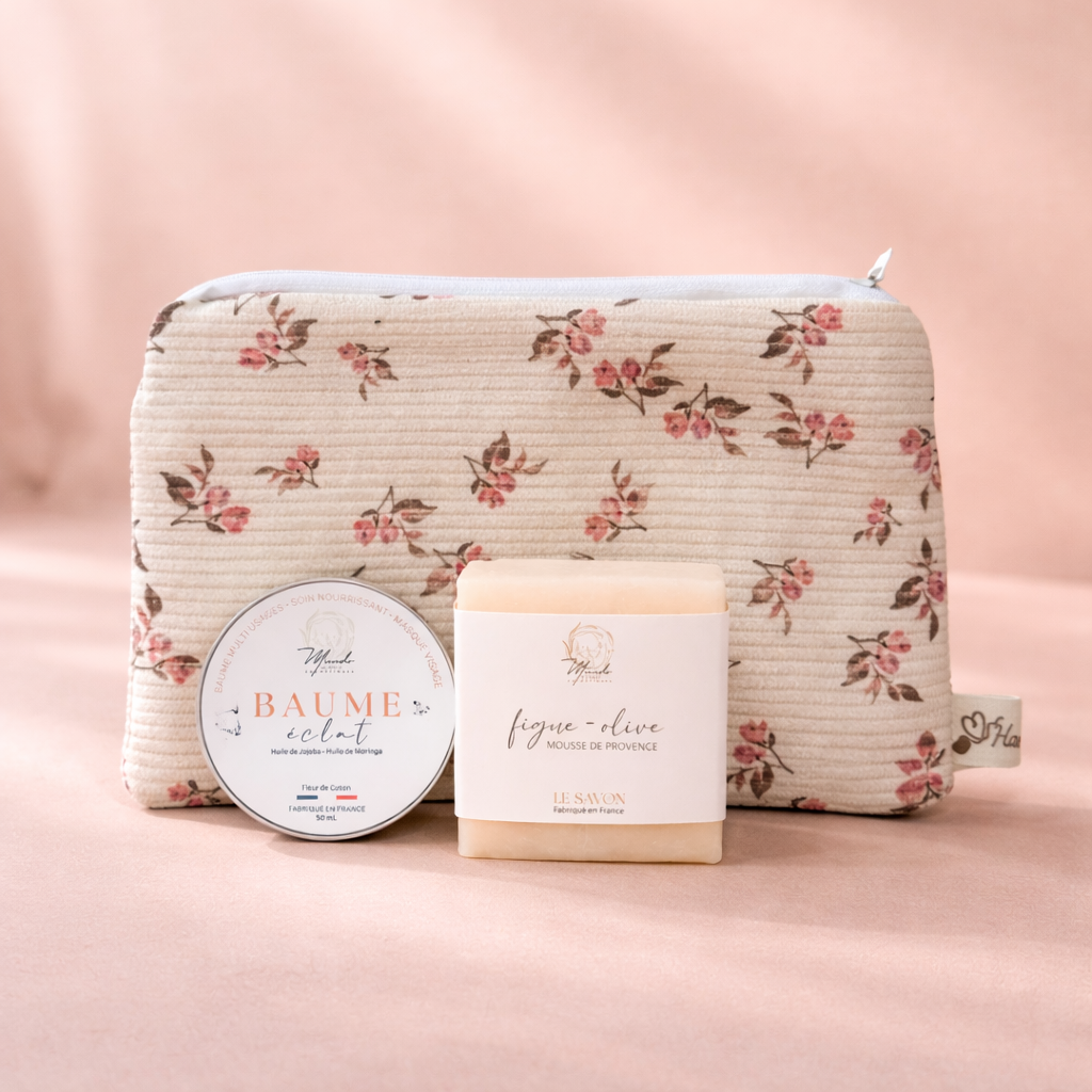 Coffret fête des mères – Trousse fleurie + baume éclat & savon naturel (3 coloris) Mundo