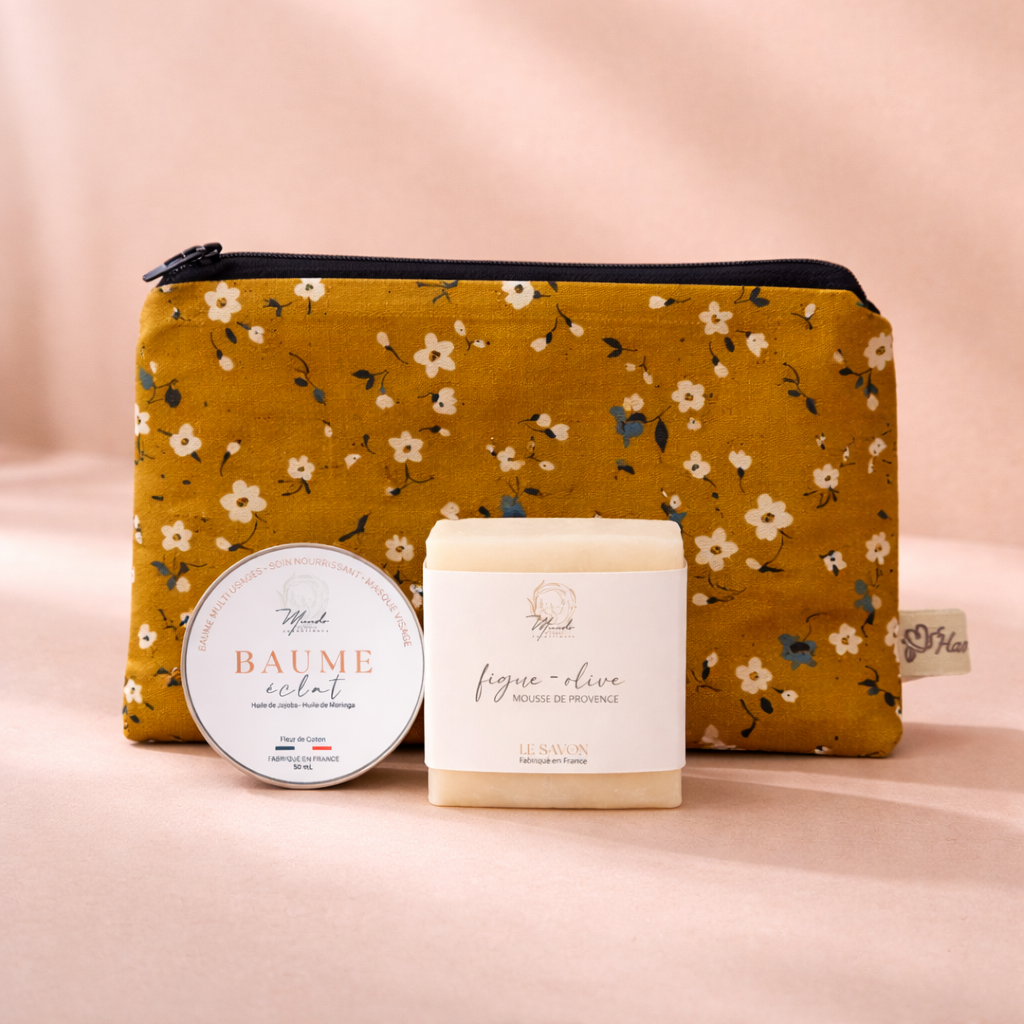 Coffret fête des mères – Trousse fleurie + baume éclat & savon naturel (3 coloris) Mundo