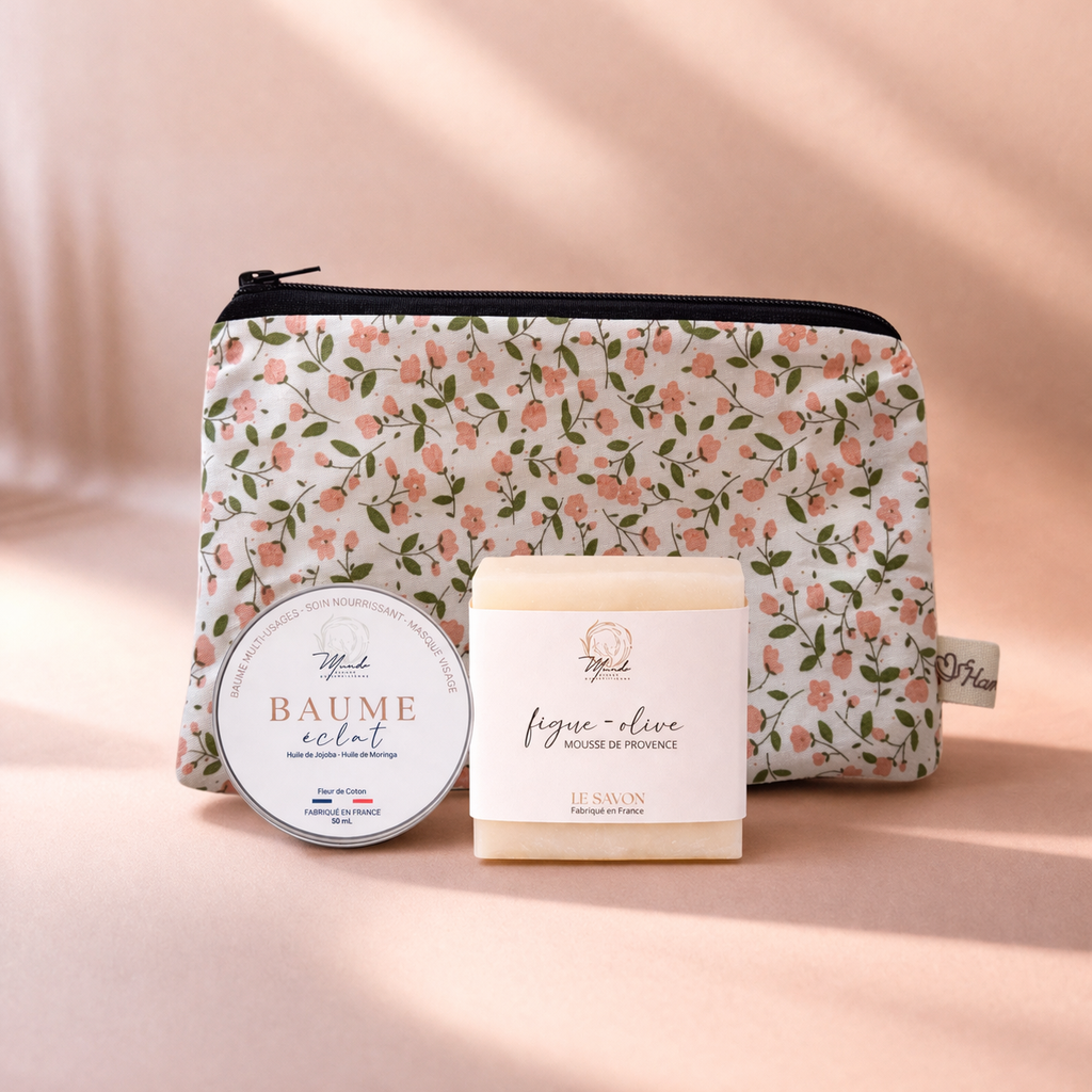 Coffret fête des mères – Trousse fleurie + baume éclat & savon naturel (3 coloris) Mundo