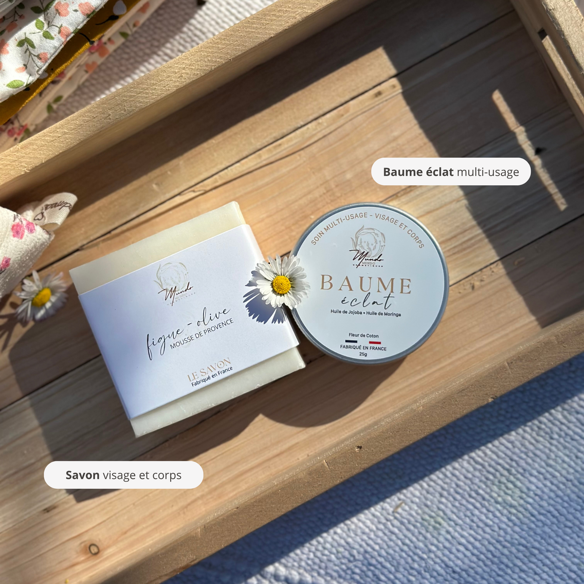 Coffret fête des mères – Trousse fleurie + baume éclat & savon naturel (3 coloris) Mundo