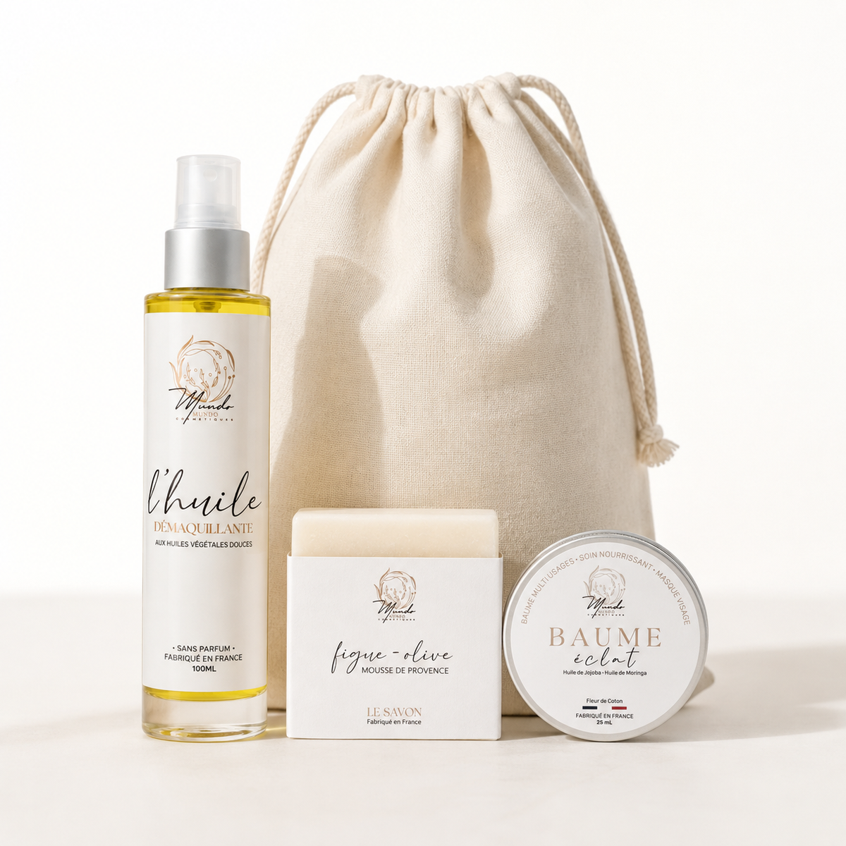 Routine complète minimaliste – Huile Démaquillante - Savon Mousse de Provence - Baume éclat 25g Mundo